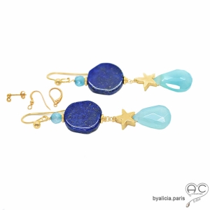 grandes boucles d'oreilles pierres bleues plaqué or lapis-lazuli pendantes femme