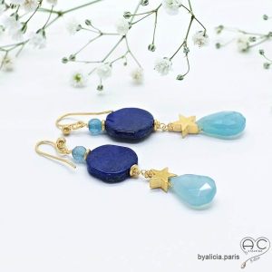 boucles d'oreilles bleues femme lapis-lazuli et calcédoine plaqué or artisanales raffinées fait main