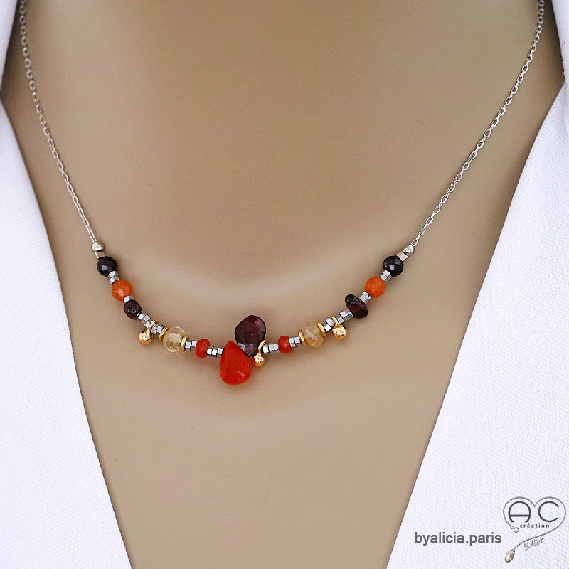 collier ras de cou orange femme en cornaline, citrine, grenat, argent massif fait sur mesure à la main