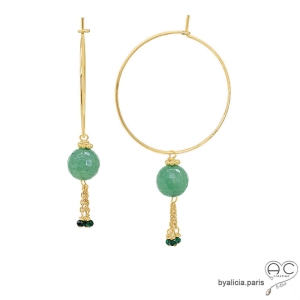 boucles d'oreilles créoles plaqué or avec pampille en pierre verte aventurine fait main sur mesure en France