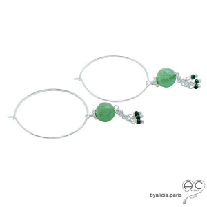 boucles d'oreilles vertes créoles argent avec pierre naturelle aventurine fait à la main sur mesure en France