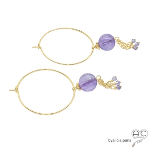 boucles d'oreilles violette créoles plaqué or avec pierre améthyste fait sur mesure à la main en France