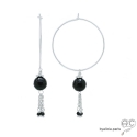 Créoles avec agate noire et pampille en chaînes argent massif et spinelle noir, fait main, création by Alicia