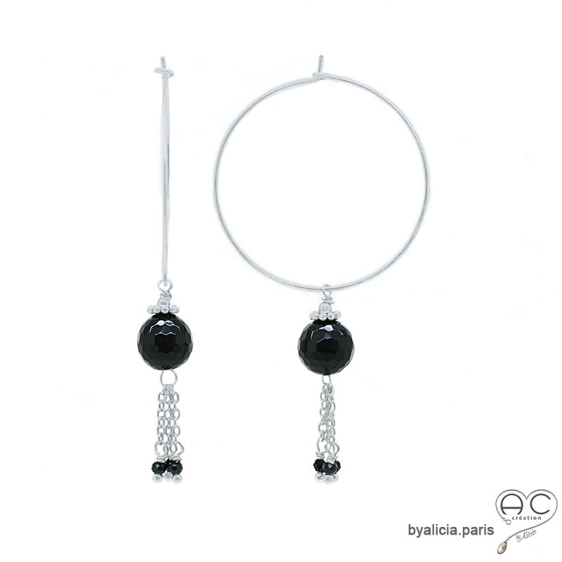 boucles d'oreilles noires femme créoles argent avec pampille en onyx noire faie main en France