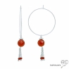 boucles d'oreilles oranges femme créoles argent avec pampille en cornaline fait main sur mesure en France