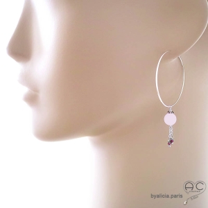 créoles argent massif avec pampille en quartz rose boucles d'oreilles femme raffinées en pierre naturelle fait main