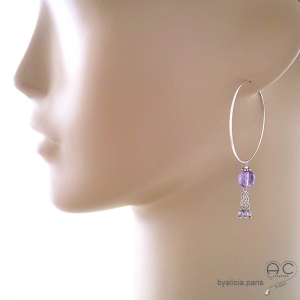 créoles argent avec pampille en améthyste boucles d'oreilles femme artisanales raffinées en pierre naturelle violette