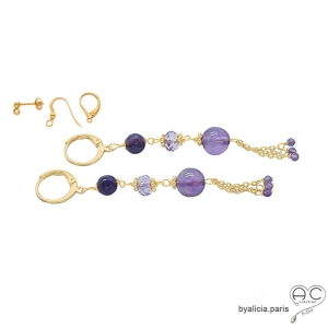 pierre améthyste boucles d'oreilles violettes longues en plaqué or et pierre naturelle faites à la main