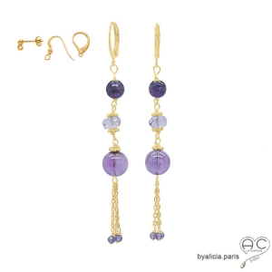 boucles d'oreilles violettes femme en améthyste et plaqué or faites à la main en France