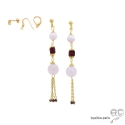 Boucles d\'oreilles longues avec quartz rose et pampille en chaînes plaqué or, fait main, création by Alicia