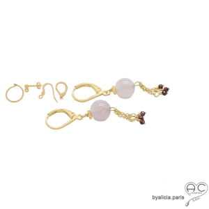 boucles d'oreilles en plaqué or et quartz rose courtes pendantes faites à la main en France