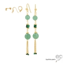 Boucles d\'oreilles longues avec aventurine et pampille en chaînes plaqué or, fait main, création by Alicia