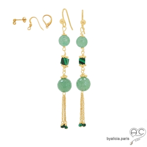 boucles d'oreilles vertes femme longues en pierre aventurine et plaqué or faites main en France