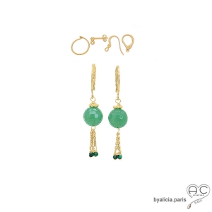 pierre aventurine et plaqué or boucles d'oreilles vertes femme pendantes faites à la main en France