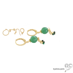 boucles d'oreilles plaqué or et pierre aventurine boucles d'oreilles vertes pendantes délicates faites sur mesure