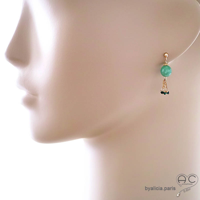 Boucles d'oreilles avec aventurine et pampille en chaînes plaqué or, fait main, création by Alicia