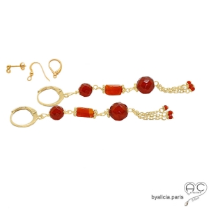 boucles d'oreilles en plaqué or et cornaline pierre naturelle orange raffinées femme faits main en France