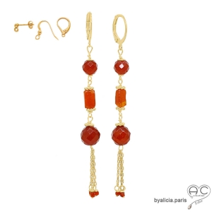 pierre cornaline et plaqué or boucles d'oreilles oranges femme faites à la main sur mesure en France