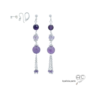 pierre améthyste boucles d'oreilles argent et pierre naturelle violette faites main sur mesure en France