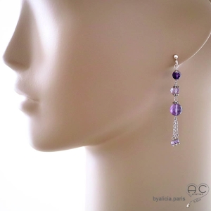 Boucles d'oreilles violettes femme longues avec améthyste et pampille en chaînes argent massif, fait main, création by Alicia