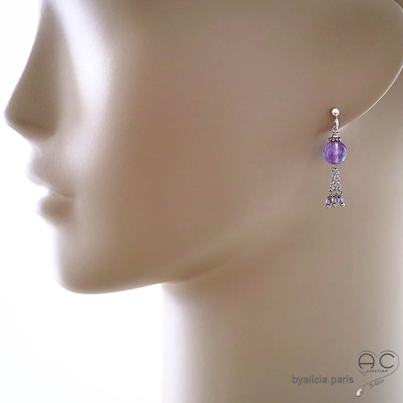 Boucles d'oreilles violettes femme en améthyste et pampille en chaînes argent massif, fait main, création by Alicia