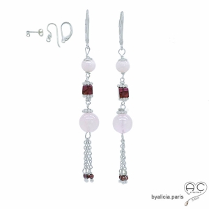 pierre quartz rose boucles d'oreilles argent et pierre naturelle rose faites sur mesure à la main en France