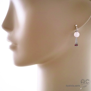 boucles d'oreilles roses femme en pierre quartz rose et argent délicates pendantes courtes