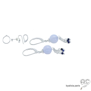 boucles d'oreilles argent et pierre calcédoine bleue femme raffinées délicates fait à la main