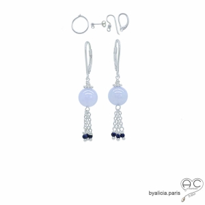 pierre calcédoine bleu et argent boucles d'oreilles pendantes courtes faites main sur mesure en France