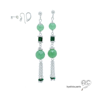 pierre verte aventurine et argent boucles d'oreilles longues femme faites main en France