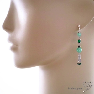 Boucles d'oreilles vertes femme longues avec aventurine et pampille en chaînes argent massif, fait main, création by Alicia