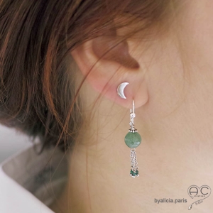 Boucles d'oreilles avec agate verte et pampille en chaînes argent massif, fait main, création by Alicia