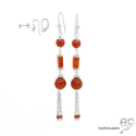 Boucles d\'oreilles longues avec cornaline et pampille en chaînes argent massif, fait main, création by Alicia