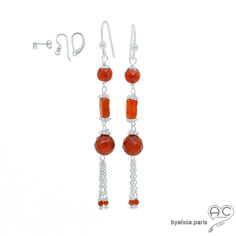 boucles d'oreilles argent et pierre naturelle orange cornaline faites main sur mesure en France