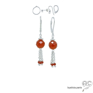 boucles d'oreilles argent et cornaline pierre naturelle orange faites à la main en France