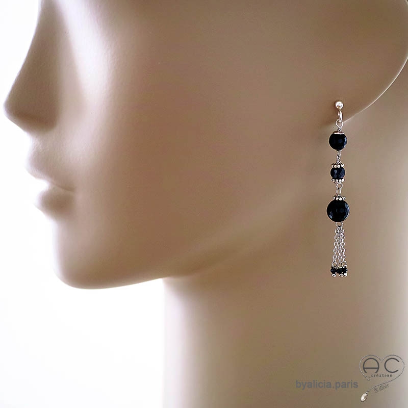 Boucles d'oreilles noires femme longues en agate noire et argent massif faites main en France