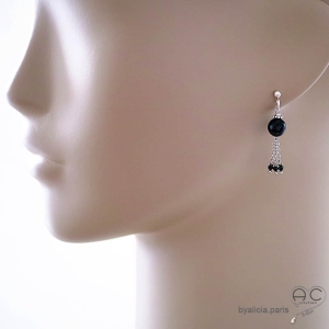 Boucles d'oreilles noires femme onyx agate noire et pampille en chaînes argent massif fait main création by Alicia