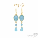 Boucles d\'oreilles calcédoine bleue, plaqué or, fait main, création by Alicia