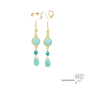 pierres amazonite et turquoise boucles d'oreilles plaqué or faites main sur mesure en France