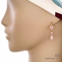 Boucles d\'oreilles quartz rose et perle de culture rose, plaqué or, fait main, création by Alicia