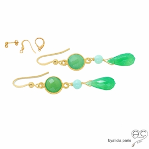 boucles d'oreilles plaqué or et pierre verte chrysoprase fabriqué à la main sur mesure en France