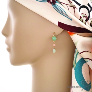 boucles d'oreilles créateur en chrysoprase et calcédoine pendantes délicates femme fait à la main