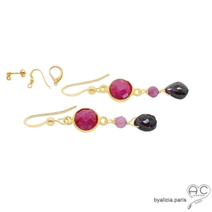 boucles d'oreilles femme plaqué or et pierres naturelles rouges rubis et grenat fait à la main sur mesure