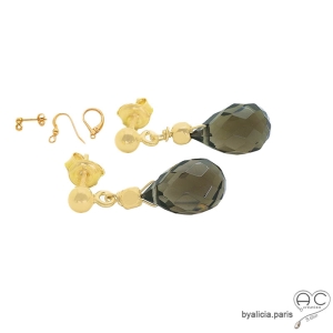 boucles d'oreilles marron femme en quartz fumé et plaqué or fait sur mesure à la main en France