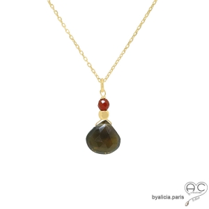 collier pendentif en pierre marron quartz fumé goutte sur une chaîne fine en plaqué or fait main en France