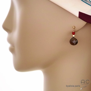 Quartz fumé boucles d'oreilles plaqué or avec gouttes marron femme pendantes fait main