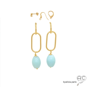 boucles d'oreilles plaqué or et pierre amazonite faite sur mesure à la main en France