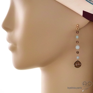 boucles d'oreilles créateur en or et pierres naturelles marron quartz fumé et bleue aigue-marine fait à la main sur mesure