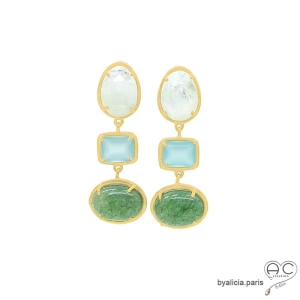 Boucles d'oreilles uniques en pierre de lune, calcédoine et aventurine, argent massif doré à l'or fin 18K, fait main en France