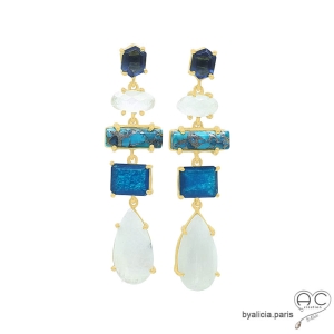 Boucles d'oreilles uniques longues en pierre de lune, apatite et turquoise, argent massif doré à l'or fin 18K